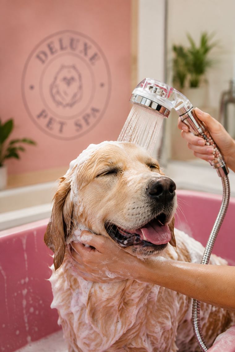 Banho com ducha de pedras ionizantes na Deluxe Pet Spa