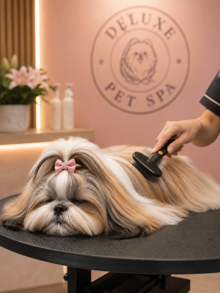 Escovação e secagem de baixo ruído na Deluxe Pet Spa